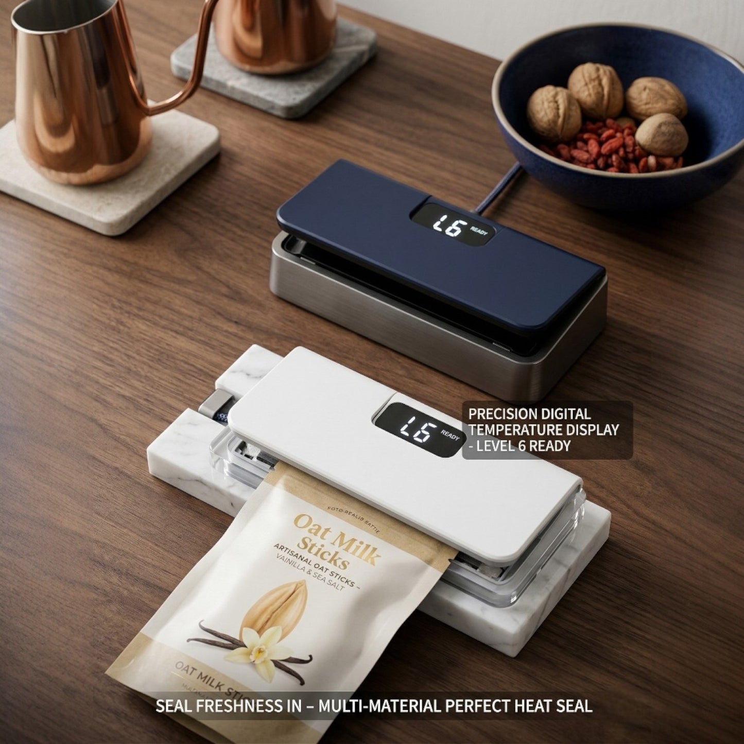 Digital food sealer on a wooden surface with packaging and nuts.