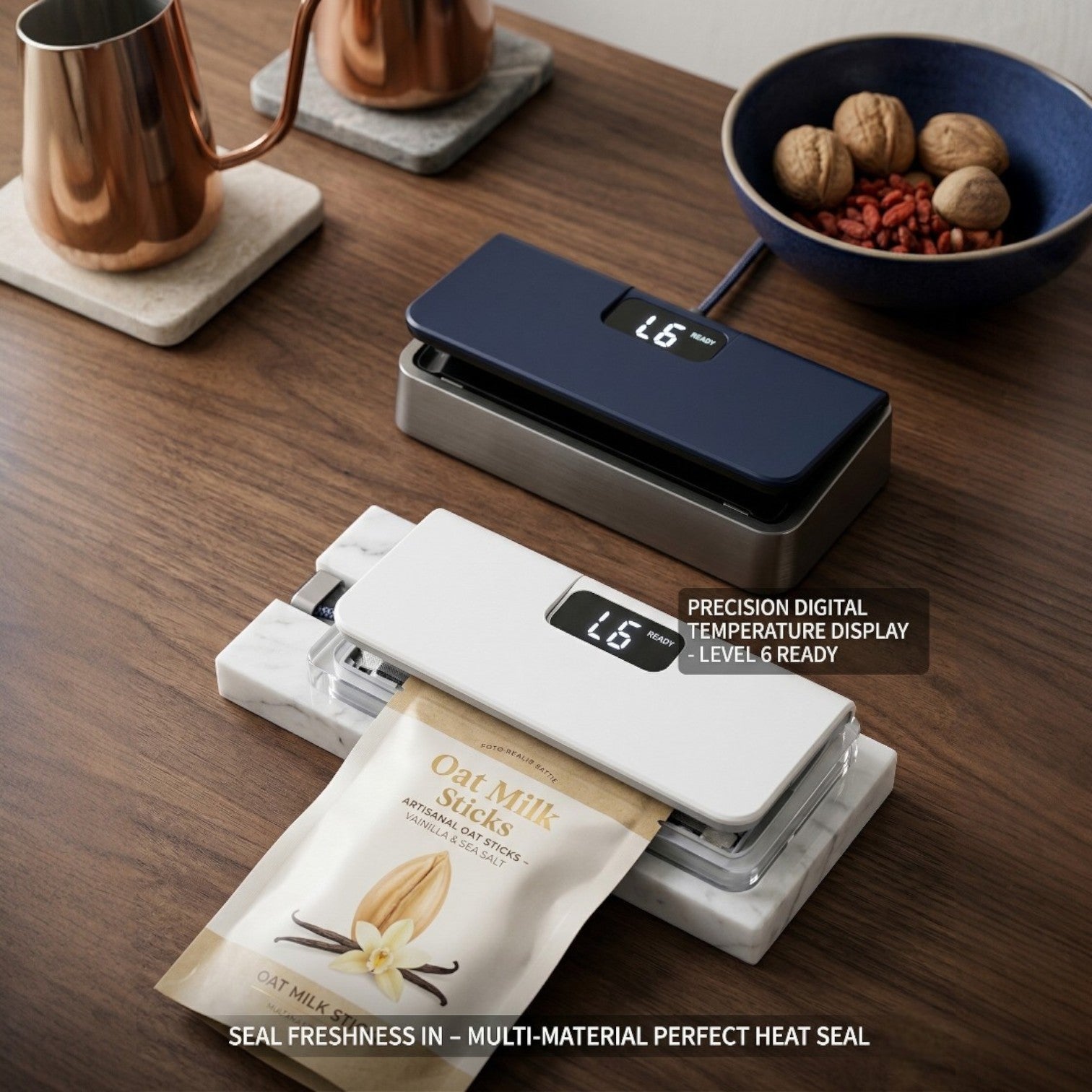 Digital food sealer on a wooden surface with packaging and nuts.