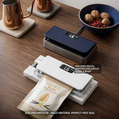 Digital food sealer on a wooden surface with packaging and nuts.