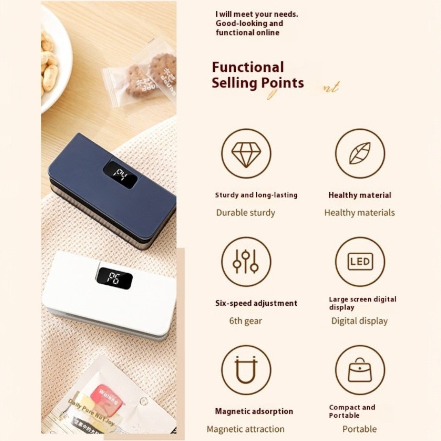 Two portable power banks on a table with text highlighting features.