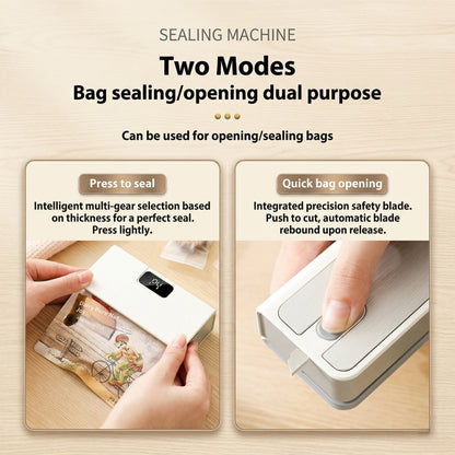 Sealing machine with two modes for bag sealing and opening on a beige background