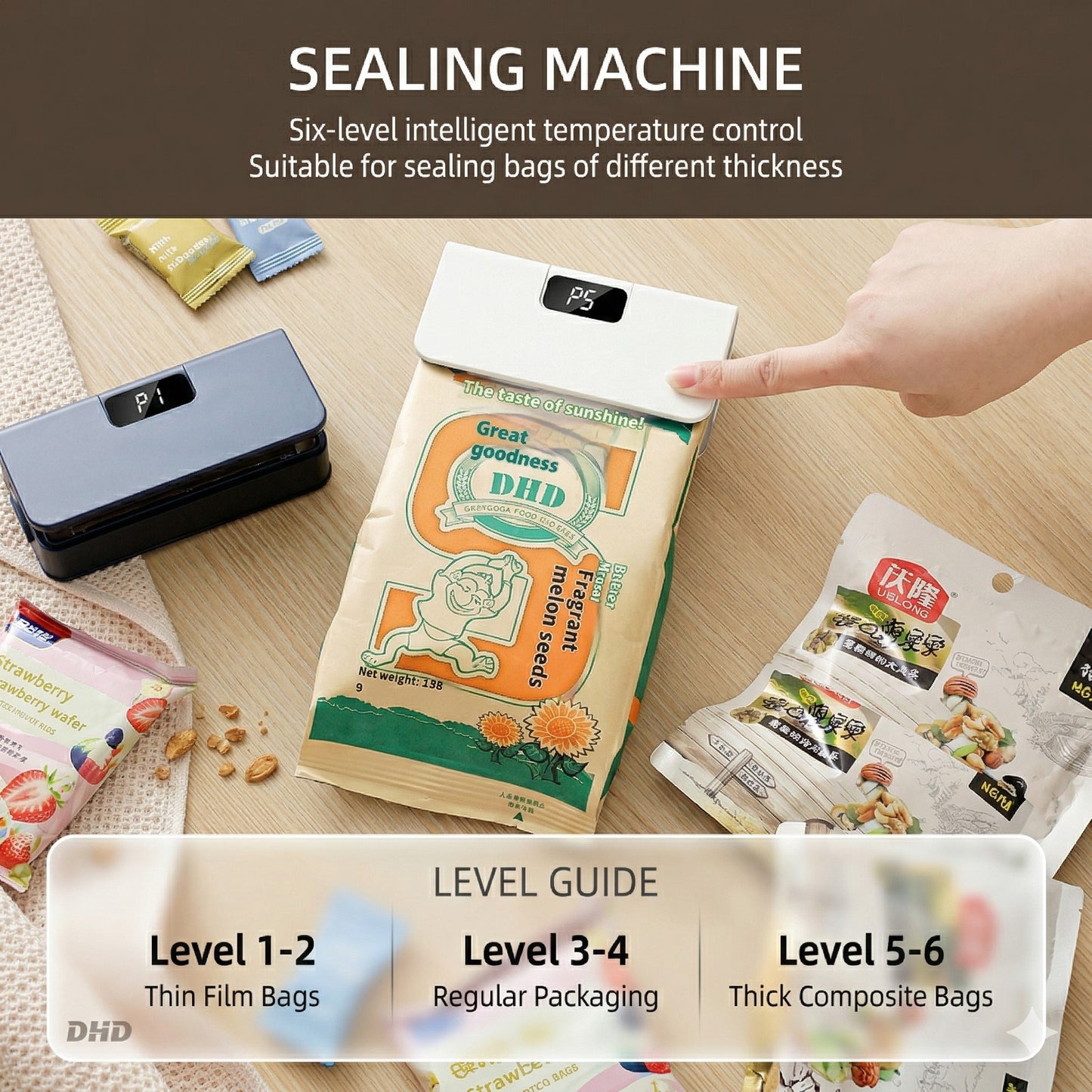 Sealing machine being used on a bag with level guide text