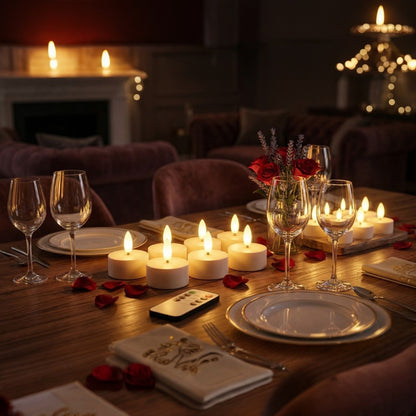 Romantic dinner setup with candles, wine glasses, and flowers in a dimly lit room.