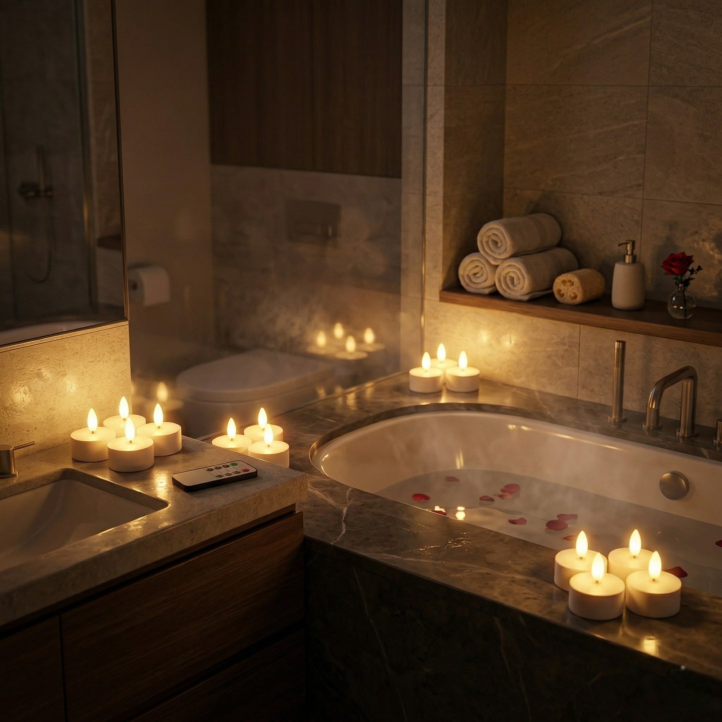 Bathroom with a lit candle-lit bathtub and candles on the counter.