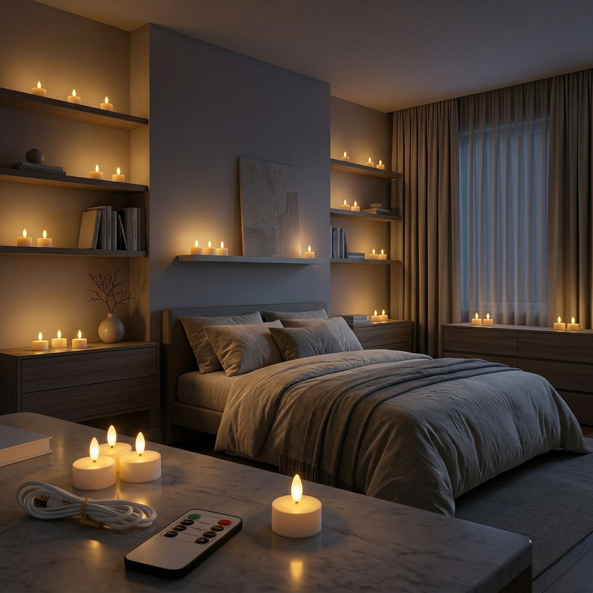Cozy bedroom with candles, books, and a remote control on a nightstand.