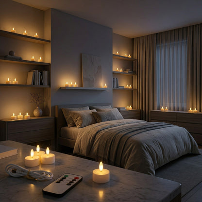 Cozy bedroom with candles, books, and a remote control on a nightstand.