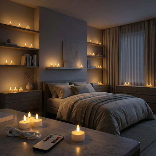 Cozy bedroom with candles, books, and a remote control on a nightstand.