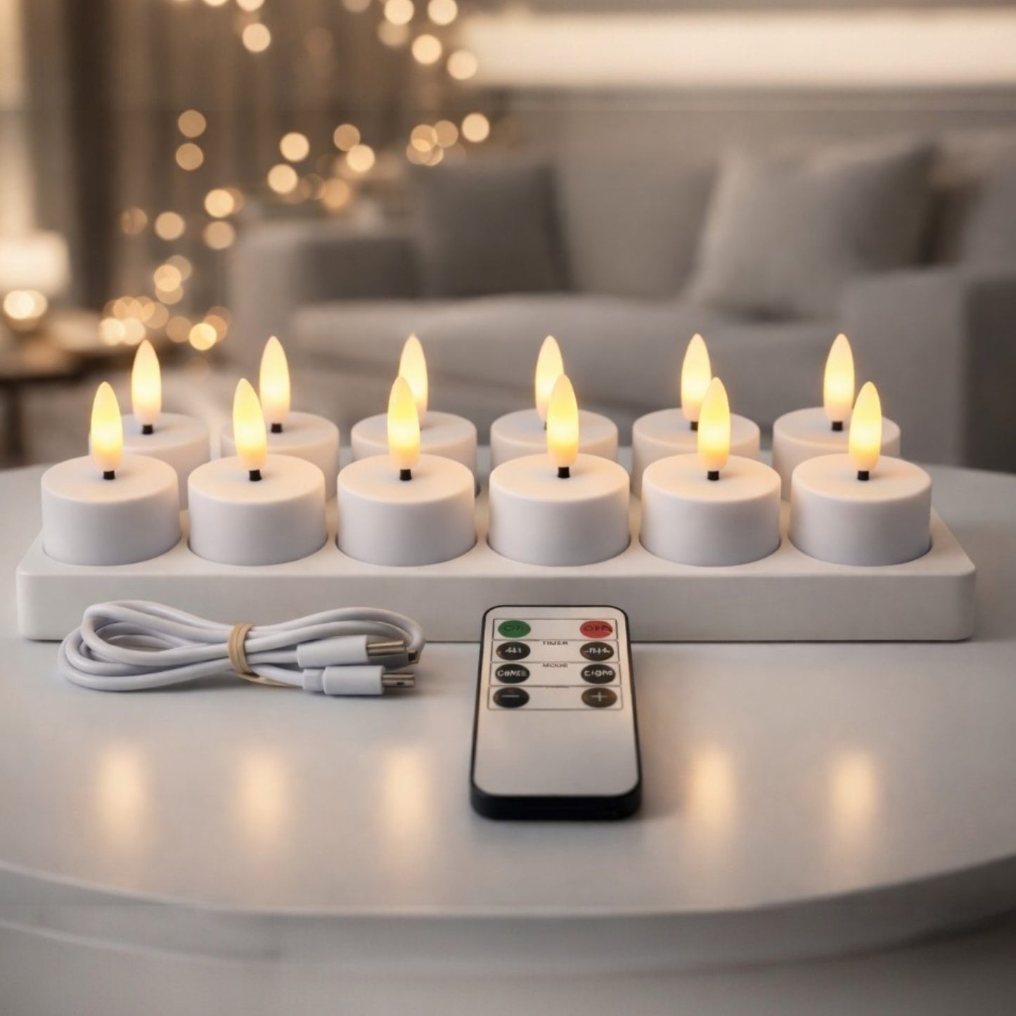 Set of white LED candles with remote control on a table in a cozy living room.