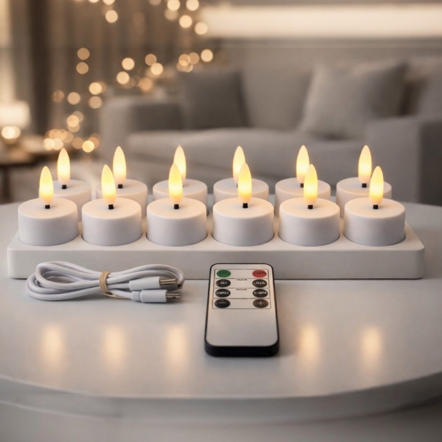 Set of white LED candles with remote control on a table in a cozy living room.