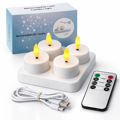 Set of rechargeable LED candles with a remote control and charging cable on a white background.