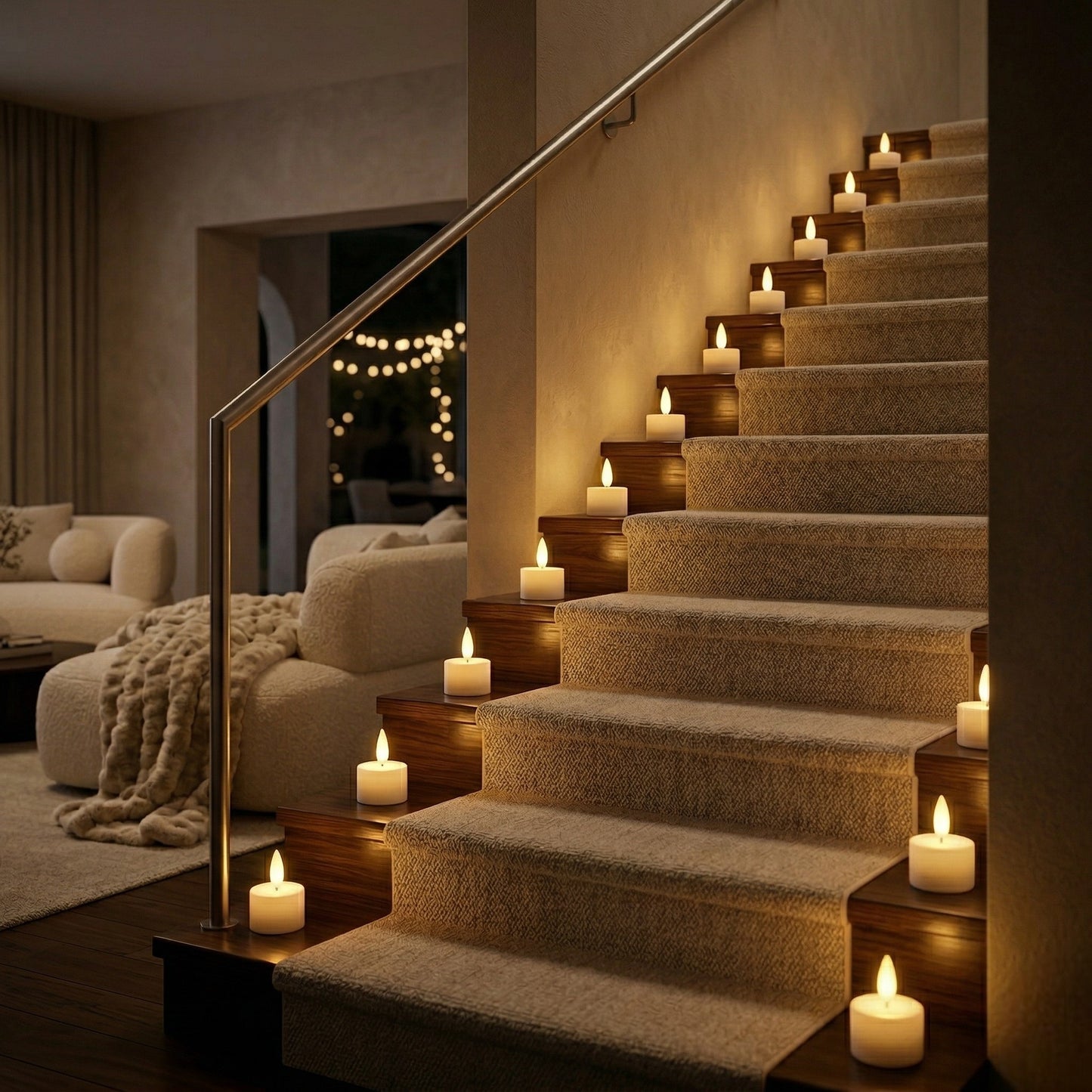 Staircase with candles on risers in a cozy living room setting