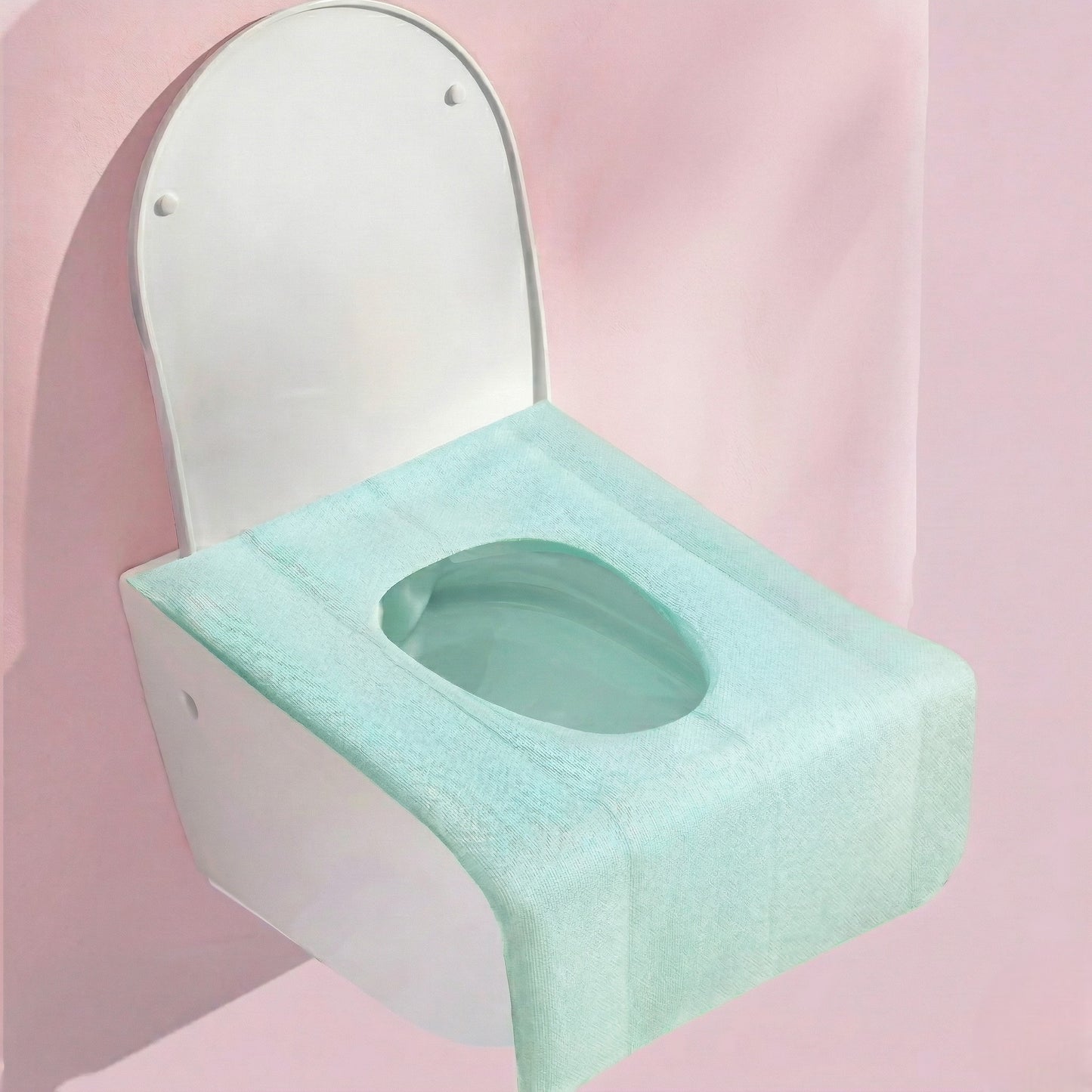 Toilet with a green seat cover on a pink background