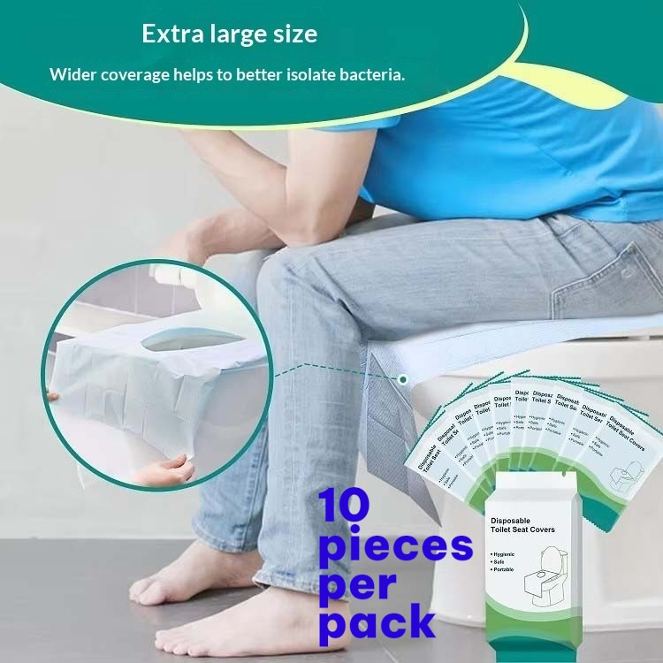Disposable toilet seat cover packaging with a person using a toilet, highlighting wider coverage.