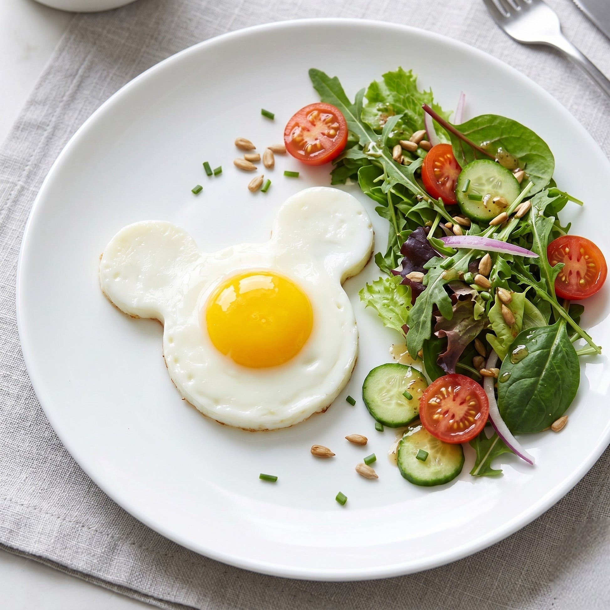 Fried eggs shaped like a face with a side of salad on a white plate.