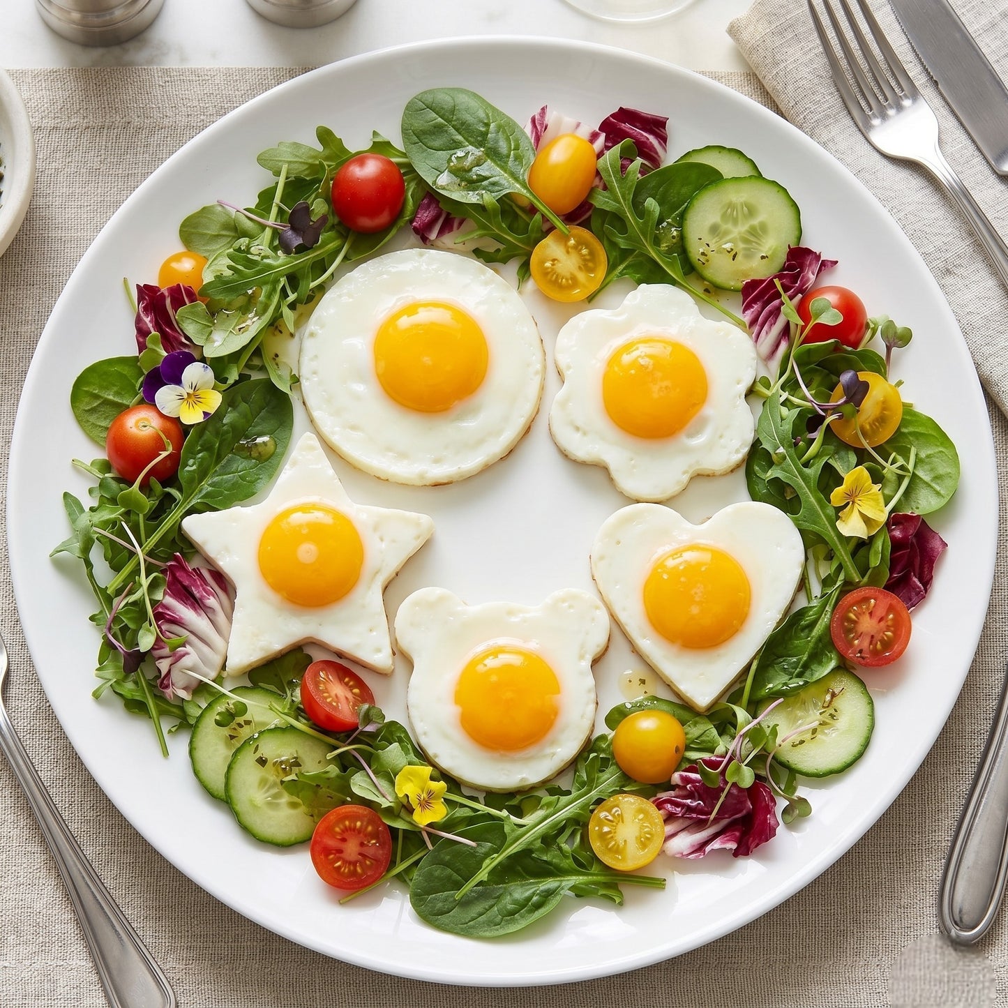 Plated salad with heart-shaped fried eggs on a white plate