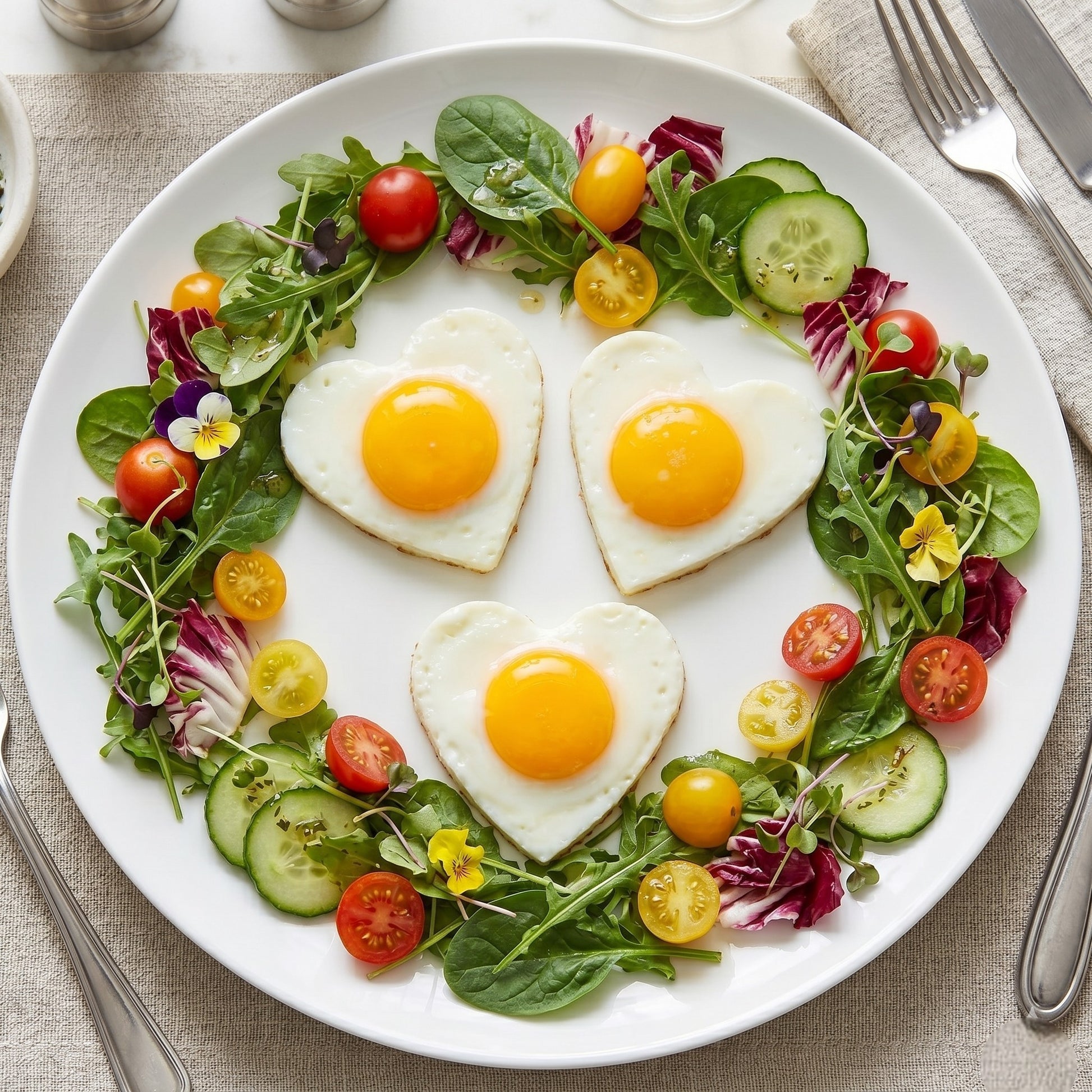 Heart-shaped fried eggs on a bed of salad with vegetables on a white plate.