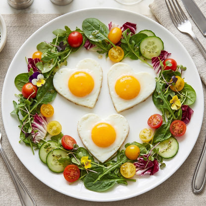 Heart-shaped fried eggs on a bed of salad with vegetables on a white plate.