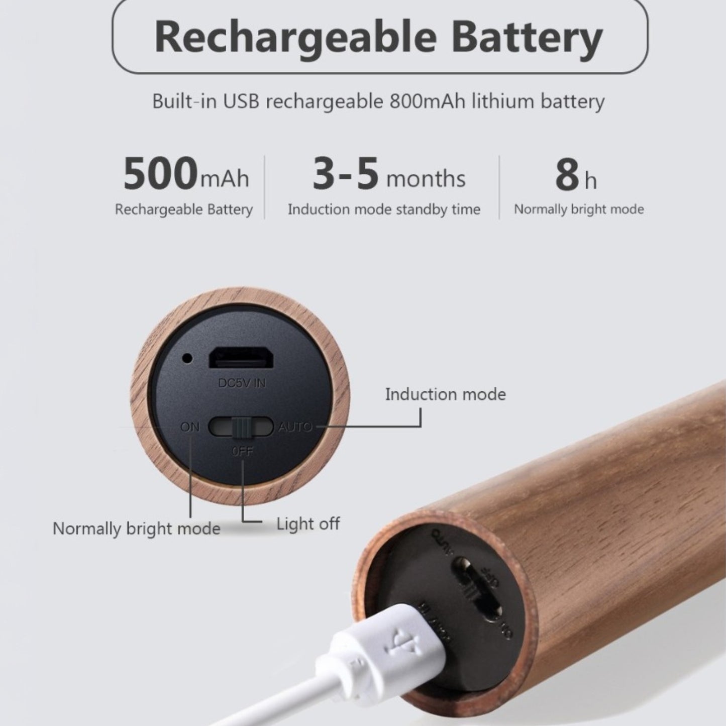 Wooden device with USB cable and battery information on a white background