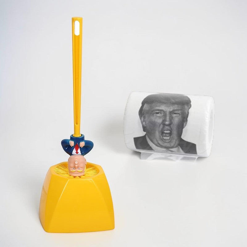 Yellow toy with a character on top and a small square object with a printed face next to it on a white background