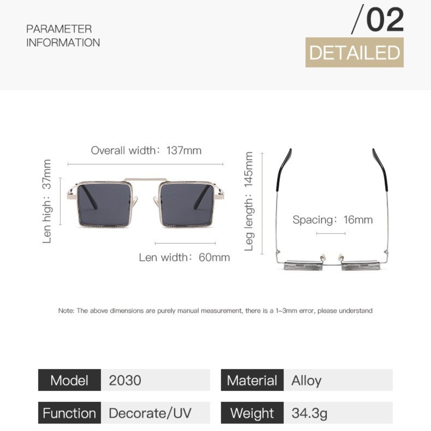 Glasses with detailed measurements on a white background