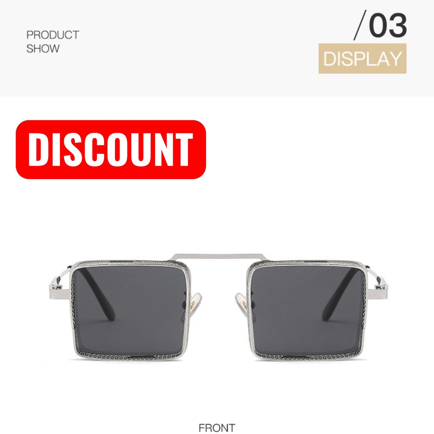 Sunglasses with a 'Discount' label on a white background
