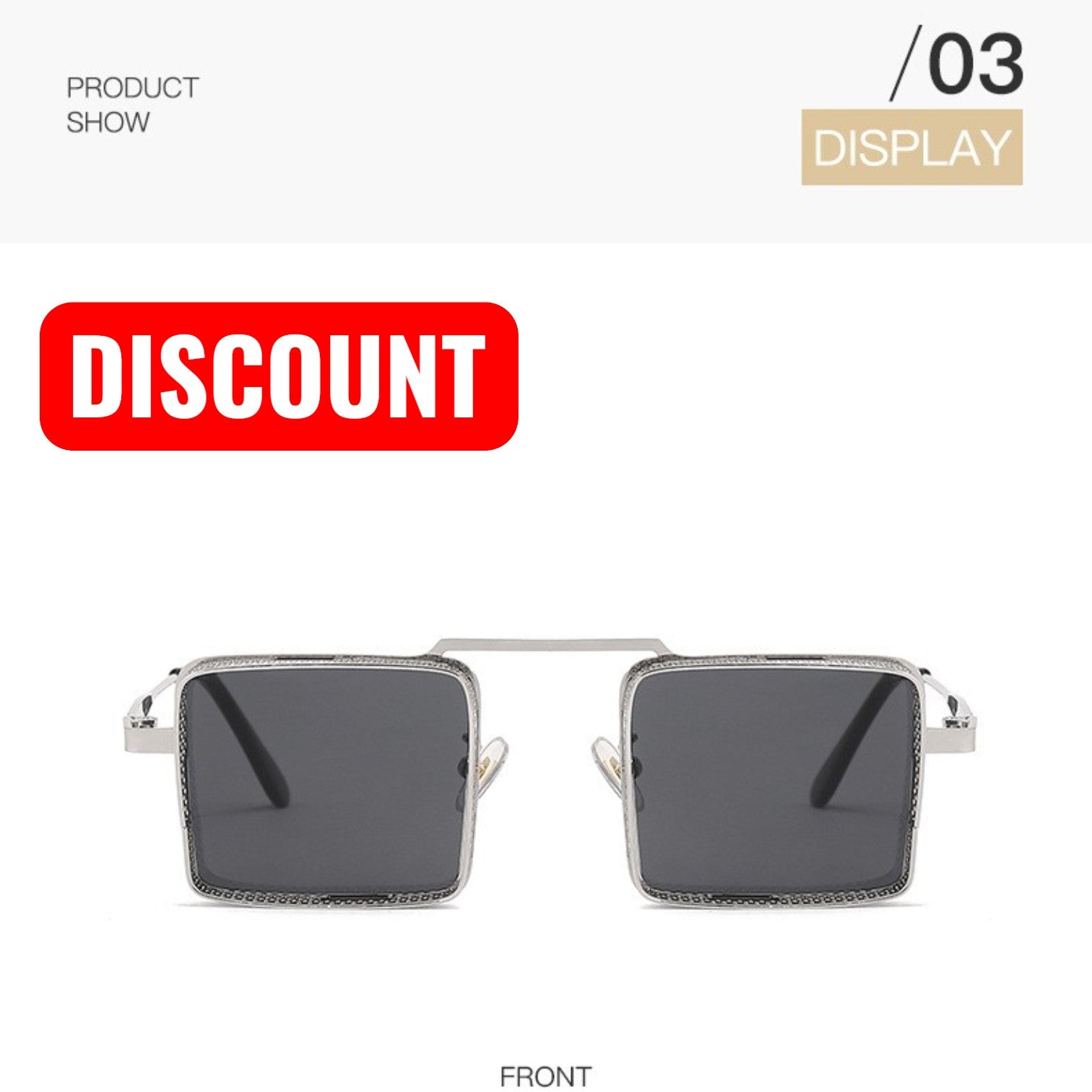 Sunglasses with a 'Discount' label on a white background