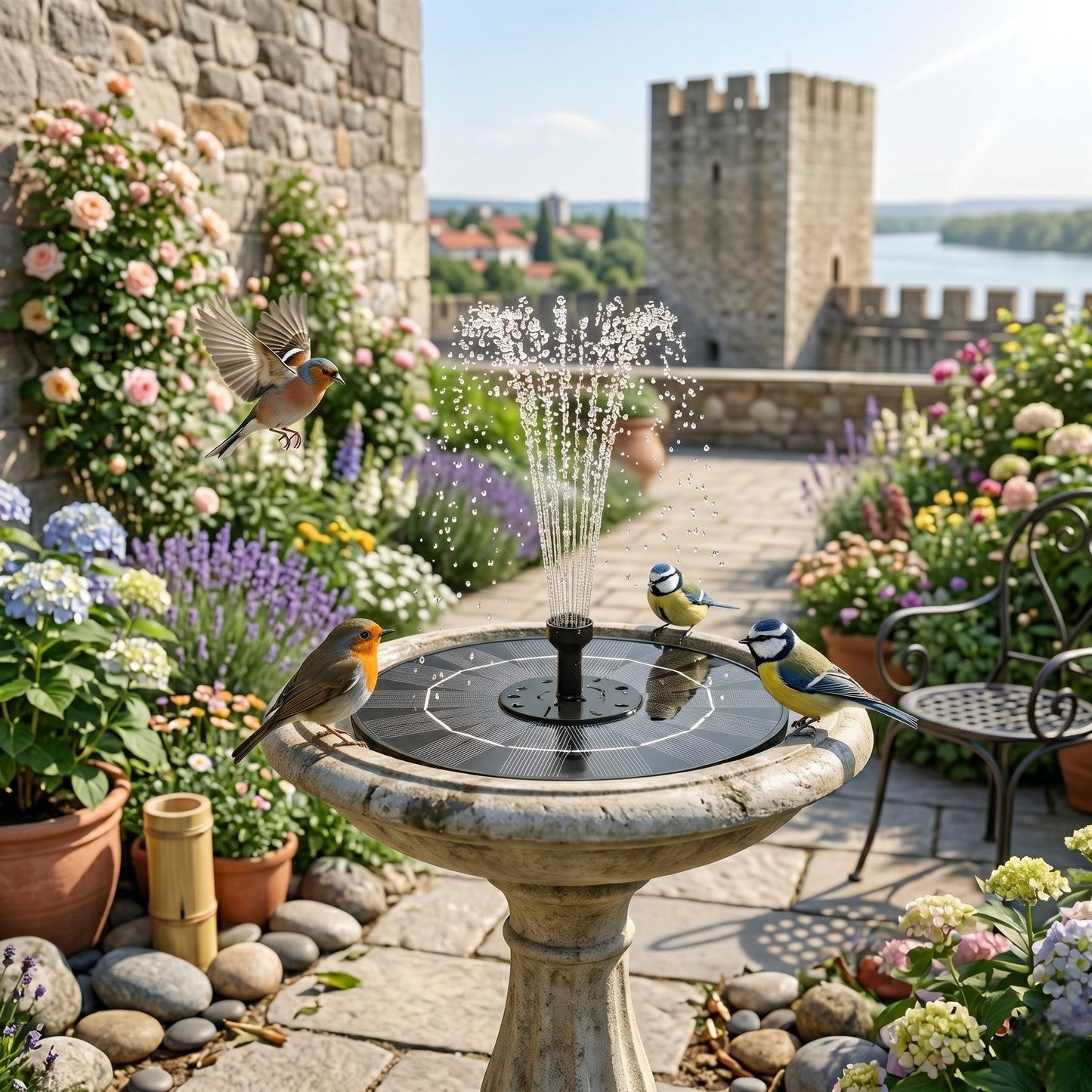 Solar fountain in a garden with birds and a castle in the background
