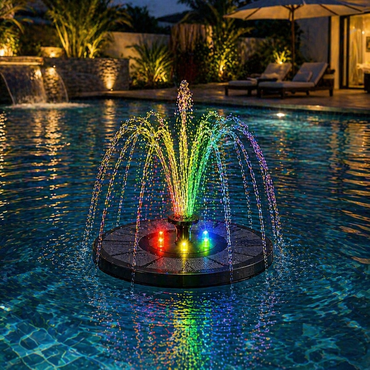 Colorful fountain in a pool with a garden and building in the background