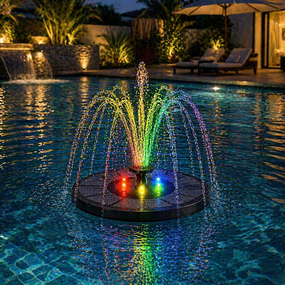 Colorful fountain in a pool with a garden and building in the background