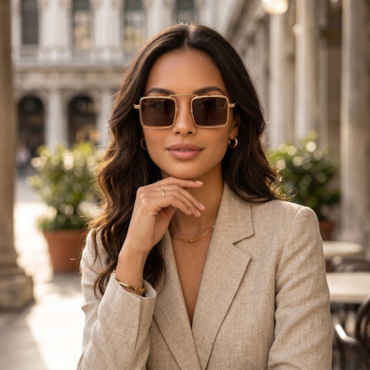 Woman wearing sunglasses and a beige blazer in an outdoor setting