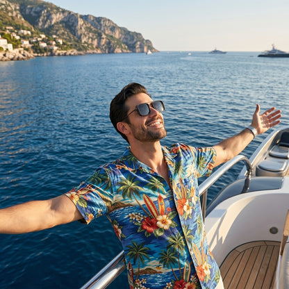 Man in a colorful shirt and sunglasses on a boat with a scenic background
