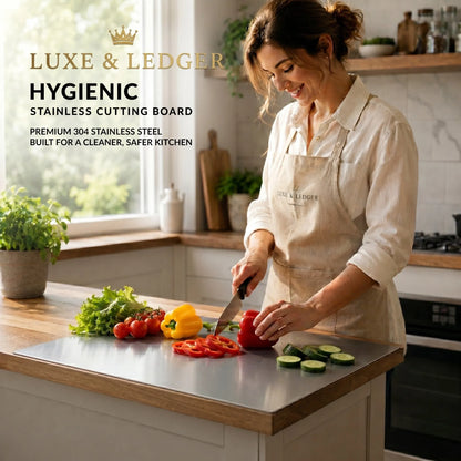 Woman cutting vegetables on a Luxe & Ledger stainless cutting board in a kitchen.