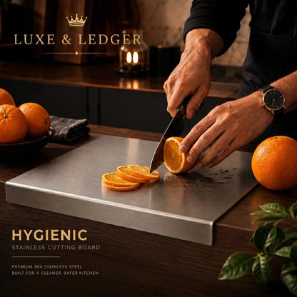 Person slicing oranges on a stainless steel cutting board with 'Luxe & Ledger' branding.