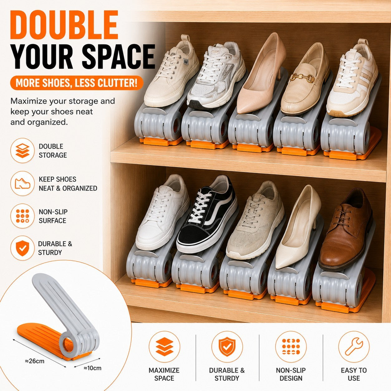 Shoe storage solution with shoes on clear stands on a wooden shelf, maximizing space.
