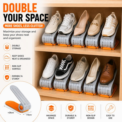 Shoe storage solution with shoes on clear stands on a wooden shelf, maximizing space.
