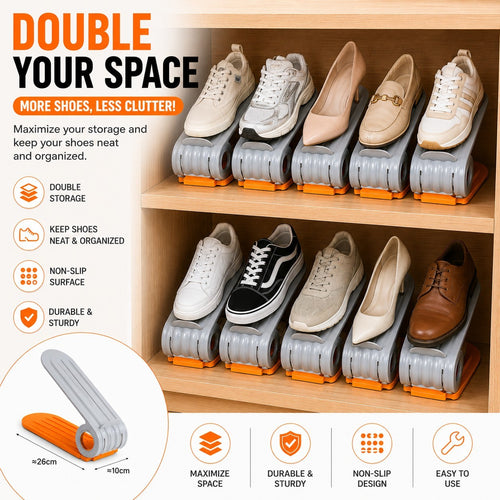 Shoe storage solution with shoes on clear stands on a wooden shelf, maximizing space.
