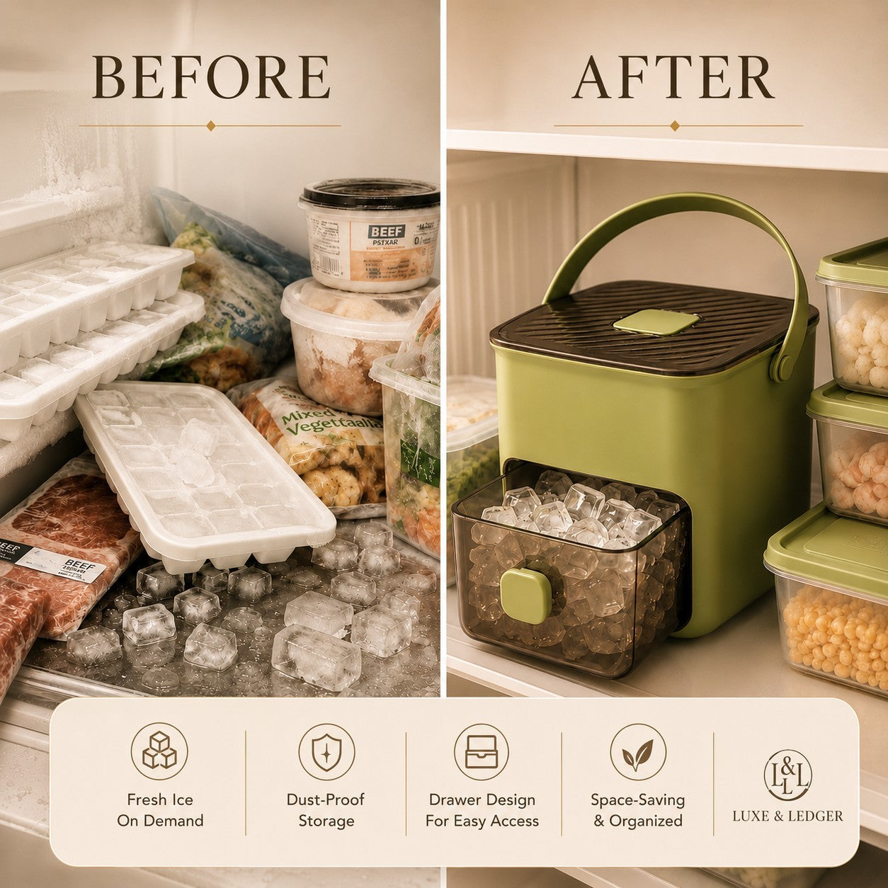 Comparison of a freezer with ice cubes and a green ice maker with text highlighting features.