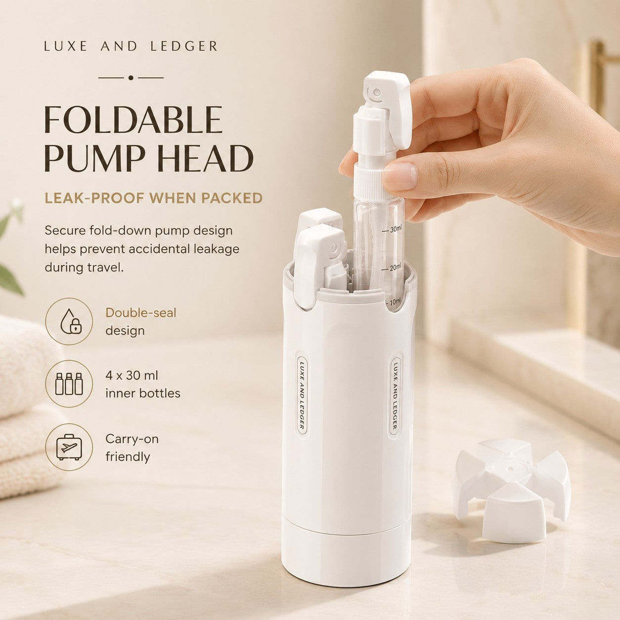 White foldable pump head with 4 bottles, held by a hand, on a neutral background.