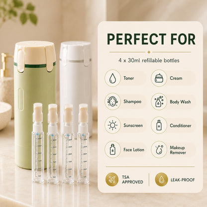Set of refillable bottles with a label indicating their uses on a neutral background.