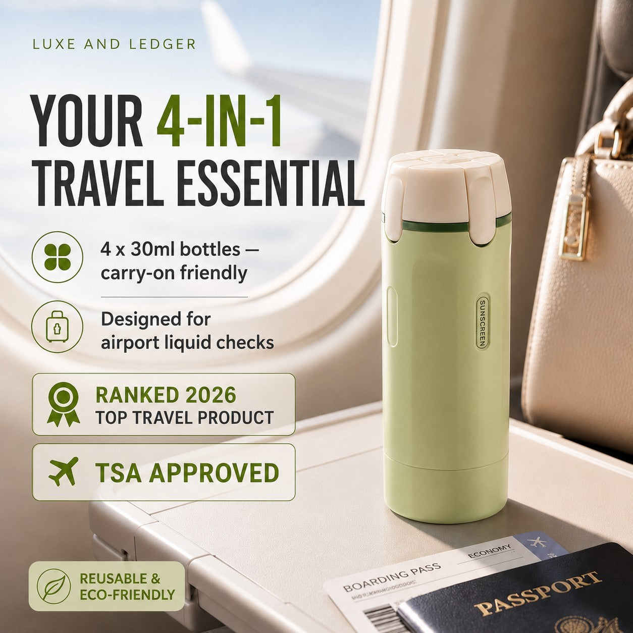 Green travel bottle with branding on a tray table with passport and boarding pass.