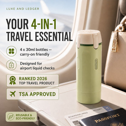Green travel bottle with branding on a tray table with passport and boarding pass.