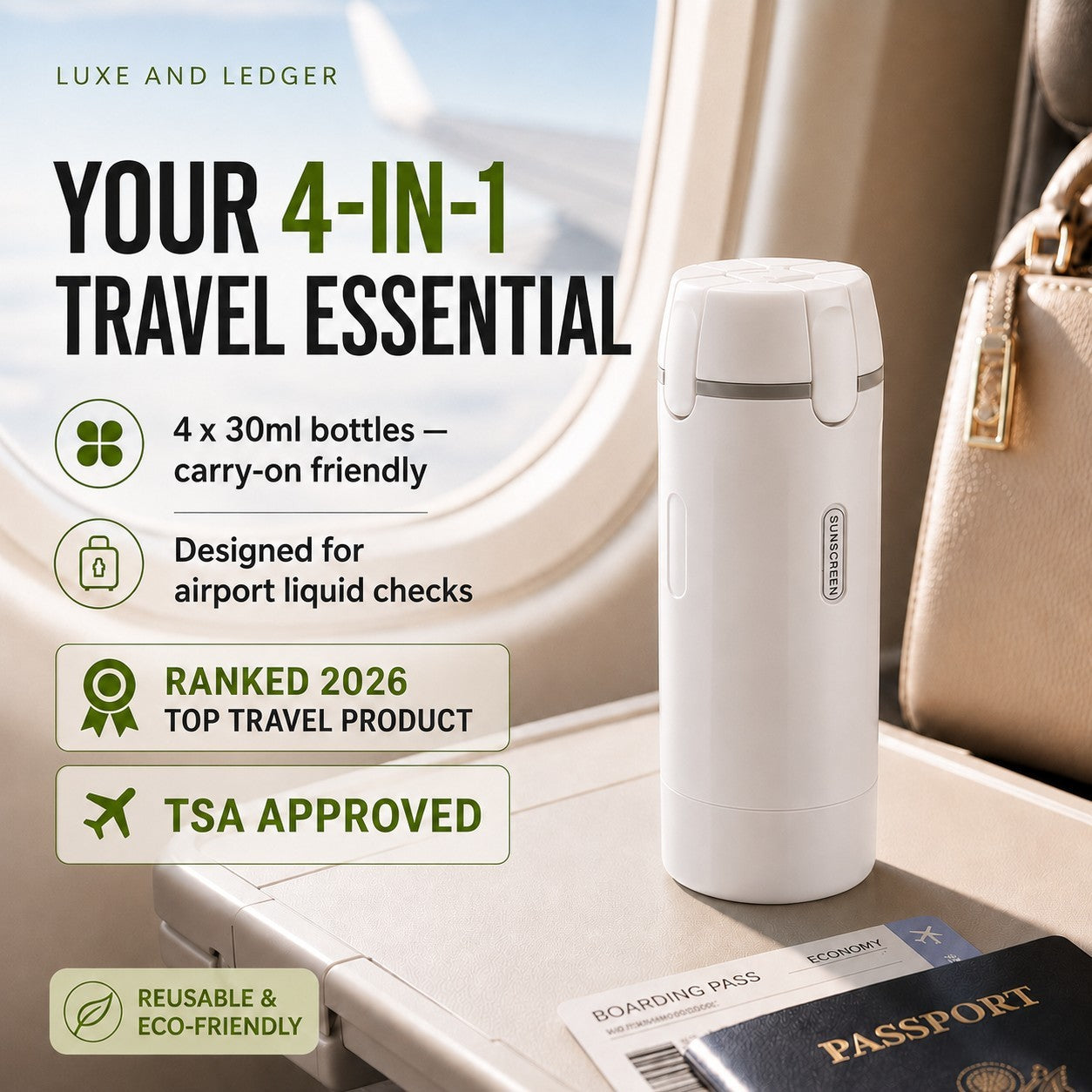 White travel bottle with features listed on a background with a passport and boarding pass.