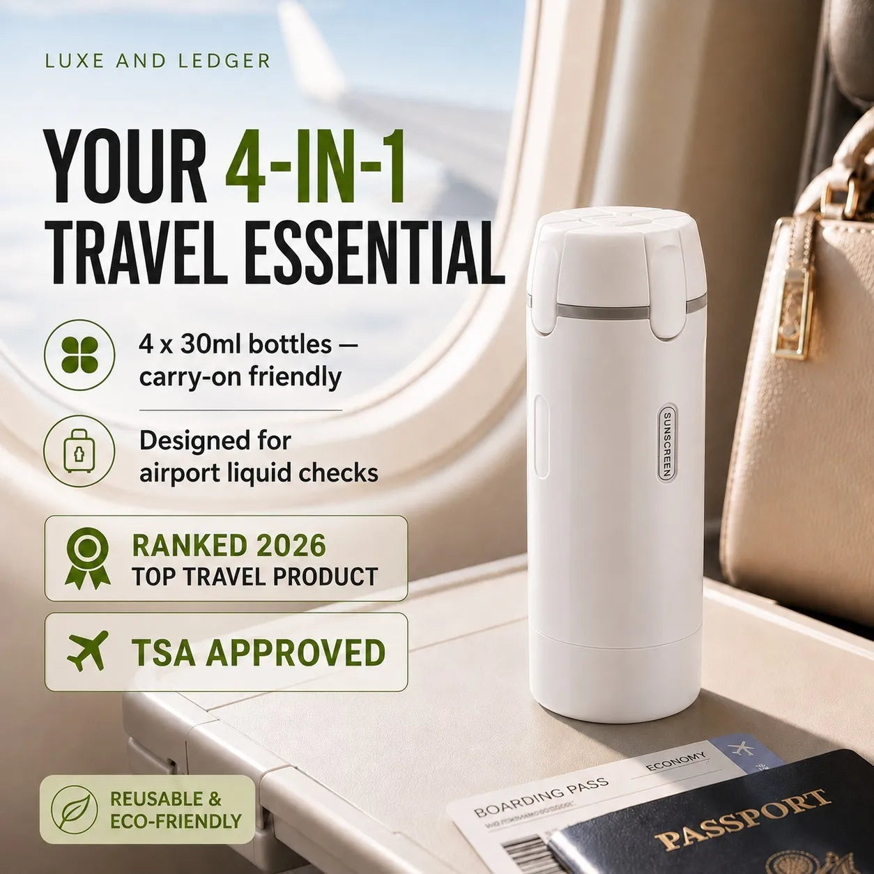 White travel bottle with features listed on a background with a passport and boarding pass.