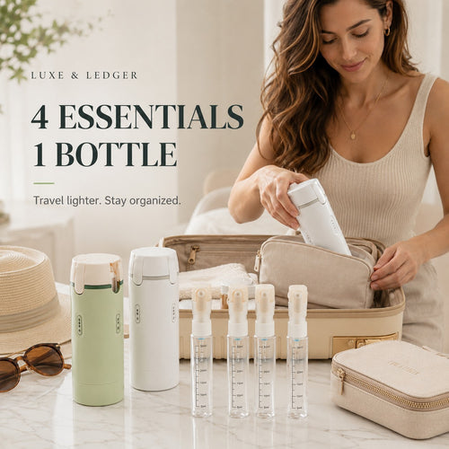 Woman organizing travel essentials including bottles and a pouch on a marble surface.