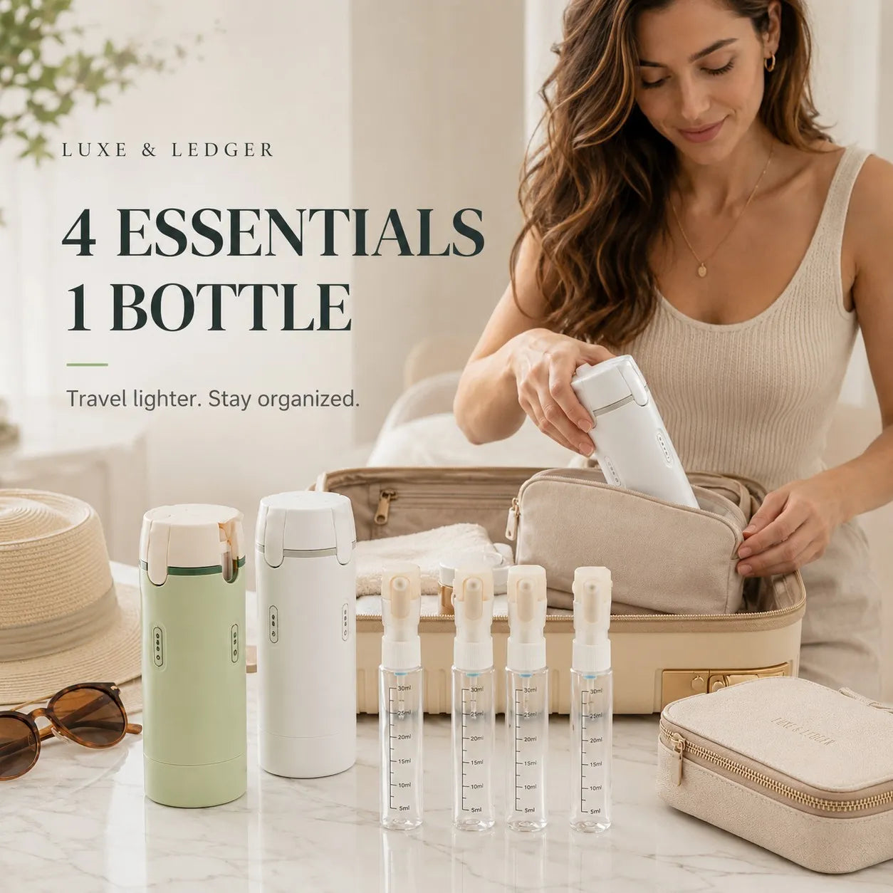 Woman organizing travel essentials including bottles and a pouch on a marble surface.