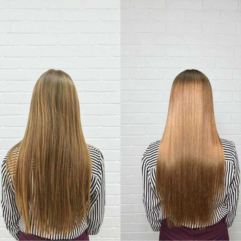 Person with long, straight hair shown from two angles against a white brick wall.