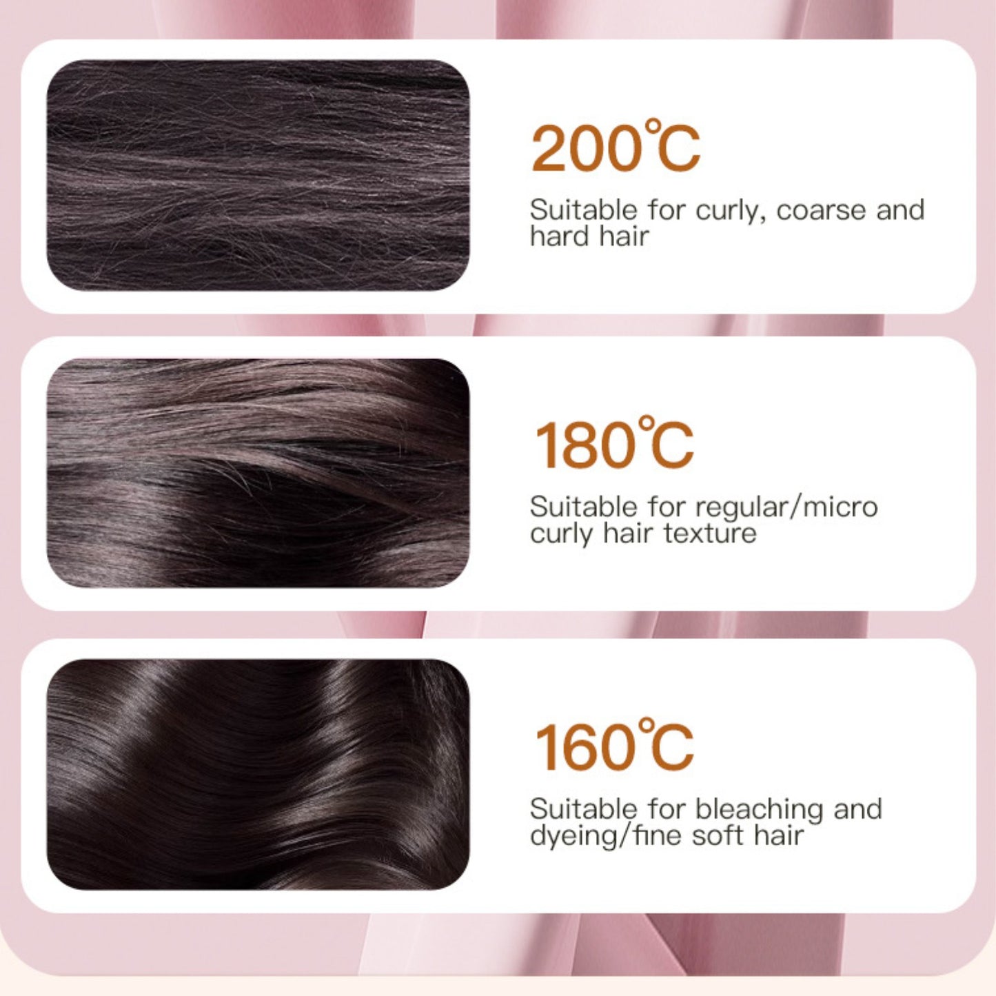 Hair care product with temperature recommendations for different hair types on a pink background