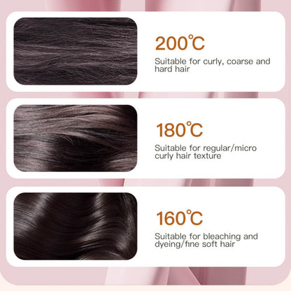 Hair care product with temperature recommendations for different hair types on a pink background