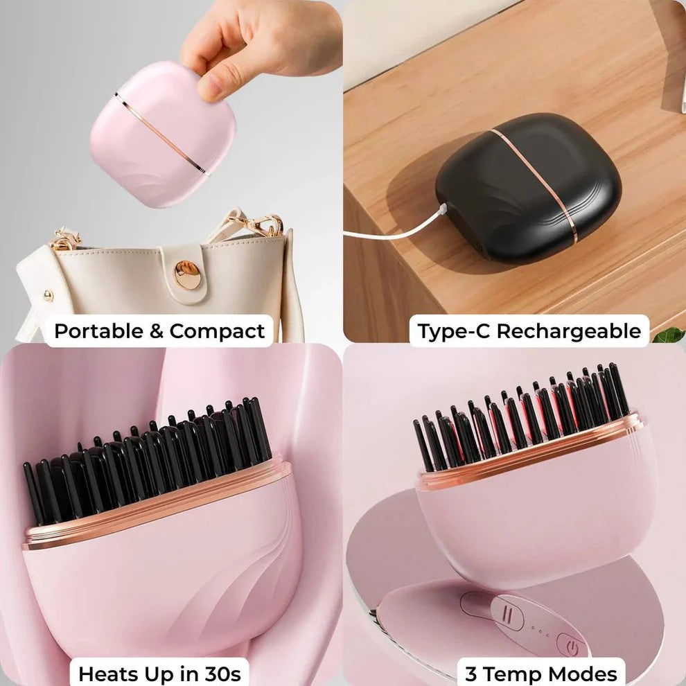 Portable hairbrush with pink case, black bristles, and charging cable on a wooden surface.