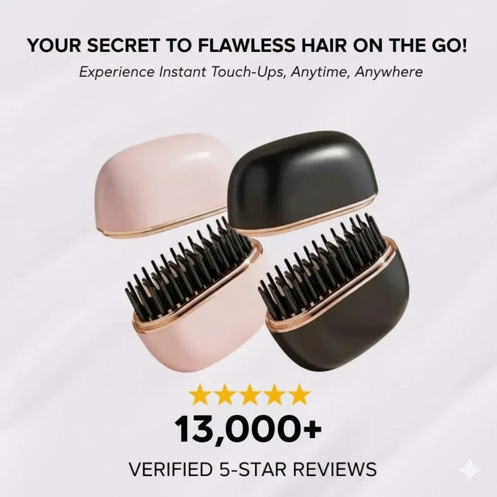 Two Wireless straightening combs in pink and black with text highlighting their convenience and positive reviews on a light gray background.